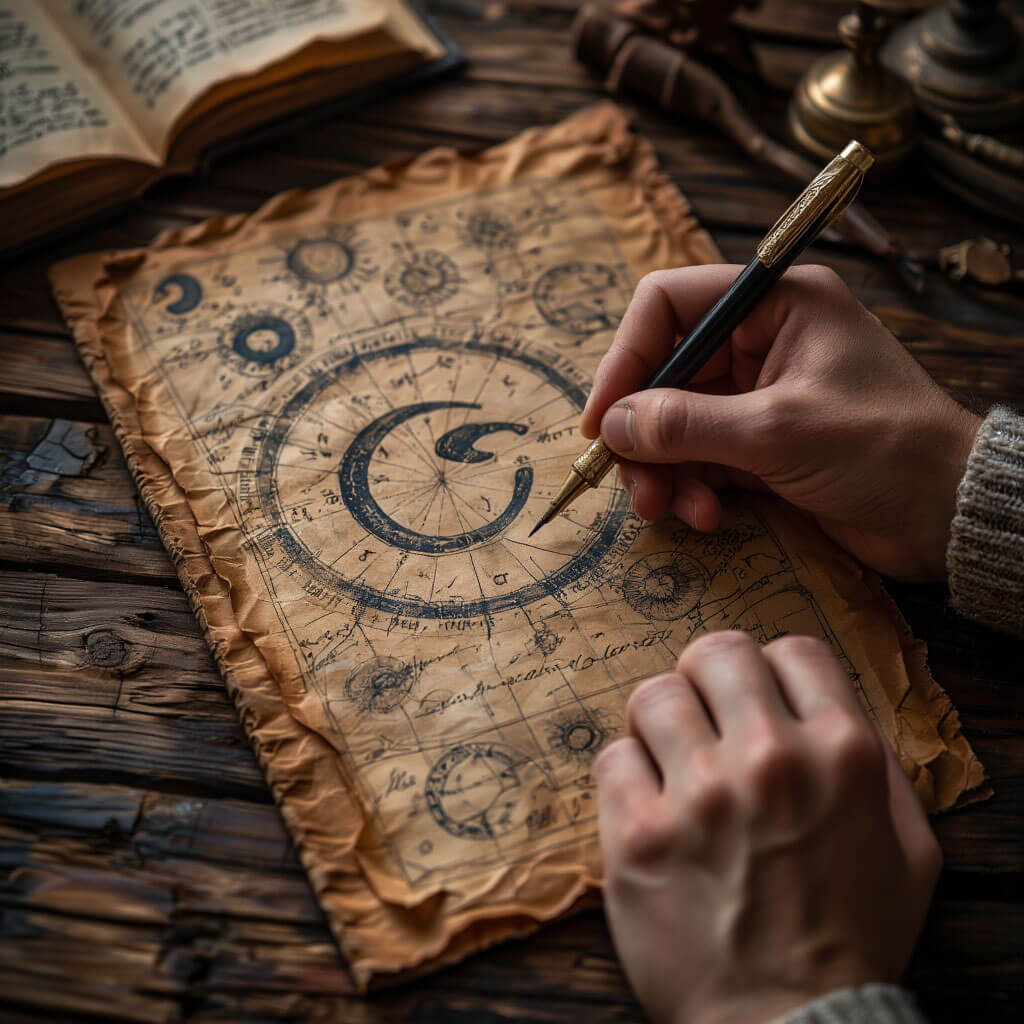 Ręka pisząca na pergaminie symbol zodiaku, w tle delikatna mapa gwiazd